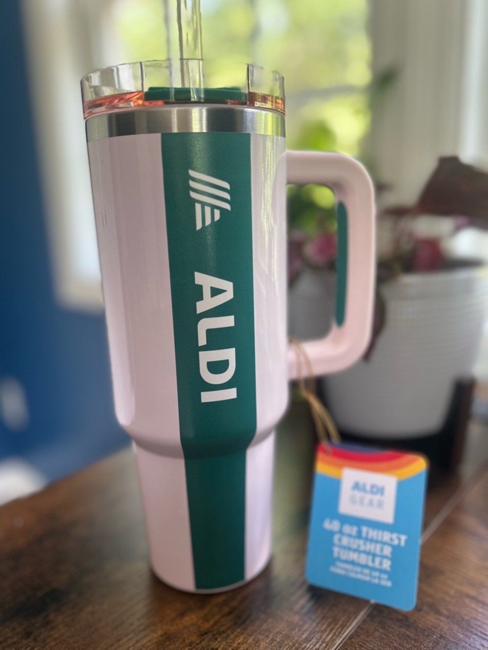 ALDI Pink & Green Thirst Crusher Tumbler Mug